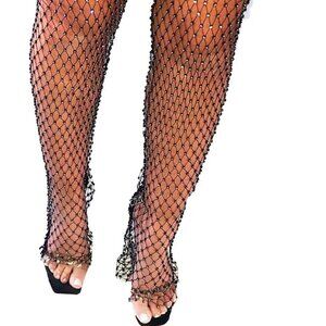 Women Crystal Mesh Black Pants Rhinestone See Through Fishnet Pants Festival